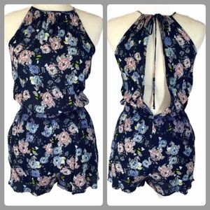 Navy blue floral split back medium romper